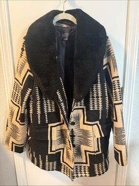 Pendleton Black and Cream Southwestern Peacoat with Plush Shawl Collar